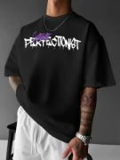 Baskılı Oversize Bisiklet Yaka T-shirt - Siyah resmi